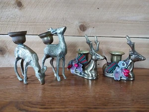 Lot 4 Brass Deer Candlestick Holders Doe & Buck 2 Bucks w/Accents MCM VTG Decor - Picture 1 of 21