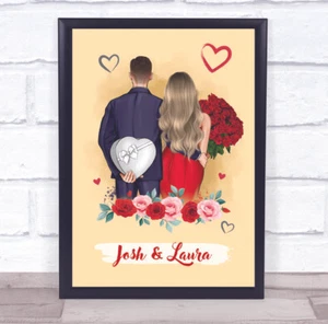 Red Roses Hearts Romantic Gift For Him or Her Personalised Couple Print - Picture 1 of 5