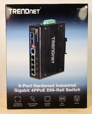 TRENDnet TI-UPG62 6-Port Hardened Gigabit PoE+ DIN-Rail Network Switch, New - Image 1 of 2
