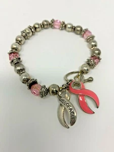 Breast Cancer Pink Silver Stretch Charm Bracelet Vtg (JB2) - Picture 1 of 2