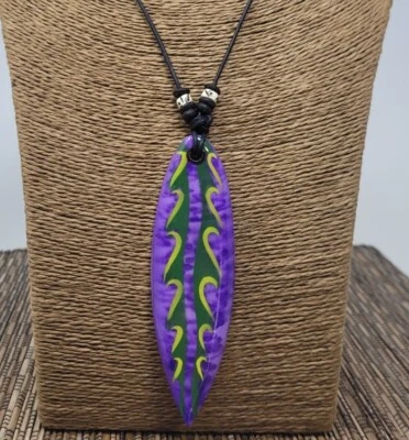Purple Surfboard Necklace Hand Painted Wooden Surfboard Pendant Adjustable Cord - Image 1 of 4