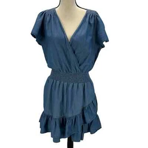 Michael Kors Short Sleeve V-Neck Smocked Waist Mini Dress - Blue - size Large - Picture 1 of 10