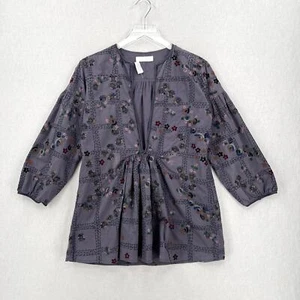 NICOLE FARHI Embroidered Top Womens 6 Gray Floral Print 3/4 Sleeve Split neck  - Picture 1 of 13