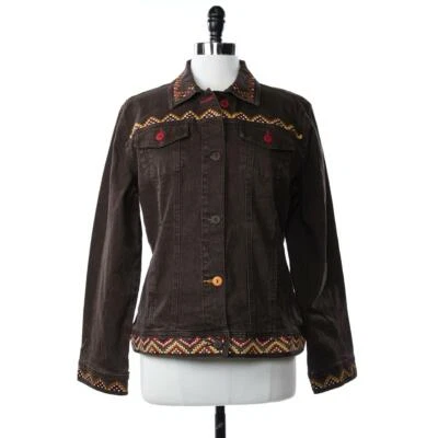 Diane Gilman NUEVO Para Mujer L Marrón Oscuro Bordado Mezcla de Algodón Cuello Botón $90 Foto 1 de 4