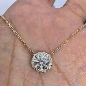 3Ct Round Cut Natural Moissanite Solitaire Halo Pendant 14K Yellow Gold Plated - Picture 1 of 8