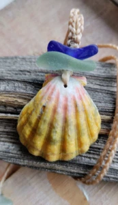 Sonnenaufgang Muschel & blaues Meer Glas geflochten Halskette für einen Mann oder Frau Teenager Hawaiianisch - Bild 1 von 7