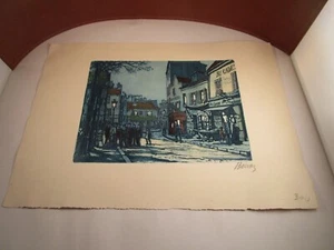 Vintage Unframed Art Print Lithograph Montmartre Paris France Winter Scene - Picture 1 of 10
