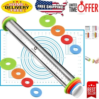 Elegante juego de rodillo y alfombrilla de pastelería de acero inoxidable azul - anillos ajustables Foto 1 de 4