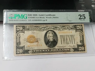 1928 $20 Fr 2402 (AA Block) Gold Certificate Gold Seal, PMG VF 25 - Image 1 of 4