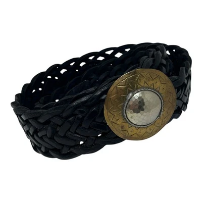 VTG Soussan Designs Morocco Braided Black Leather Belt Brass Silver Concho 44" - Image 1 of 4