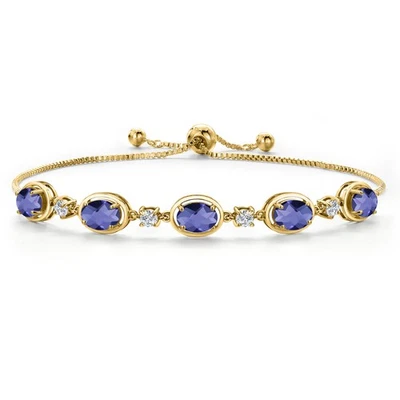 18K Yellow Gold Plated Silver Blue Iolite and Moissanite Tennis Bracelet For - Image 1 of 4
