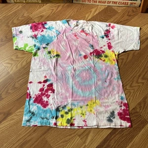 Vintage 80s Fruit of the Loom XL Tie Dye Marble Pink Blue T-Shirt Single Stitch - Picture 1 of 12