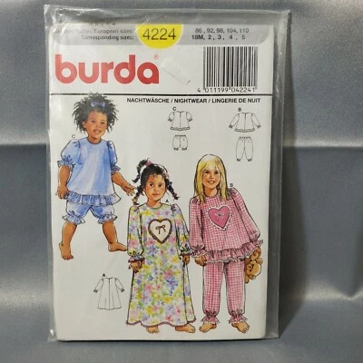 Burda Pattern 4224 Girls Pajama Top Pants Nightgown 18M 2 3 4 5 UNCUT Vintage  - Image 1 of 4