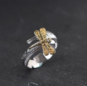Anello I05 argento 925 molla libellula con ali dorate misura regolabile - Foto 1 di 8