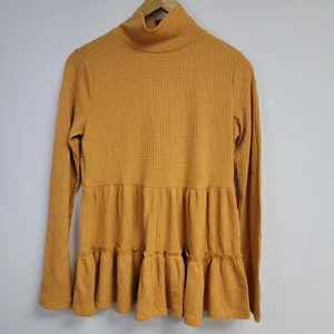 NWT Lauren Conrad Womens Waffle Knit Top Size S Gold Long Sleeve Tiered Sparkle - Picture 1 of 12