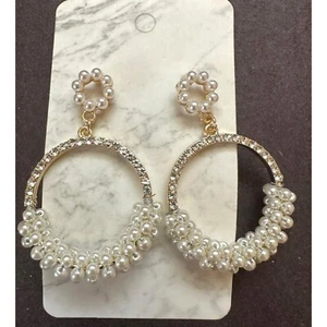 Elegant Goldtone Faux Pearl and Rhinestone Hoop Pierced Earrings - Picture 1 of 5