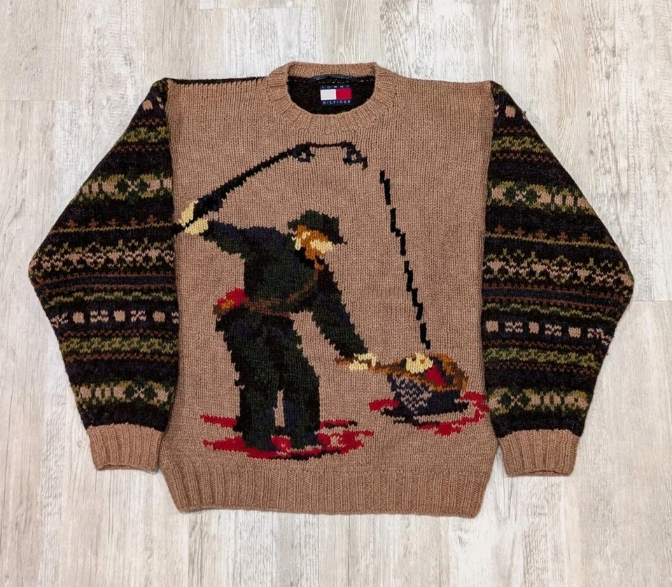 VTG Tommy Hilfiger Chunky Shetland Hand Knit Fly Fishing Fair Isle XL Sweater - Image 1 of 4