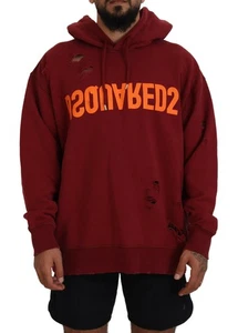 Dsquared² Maroon Cotton Tattered Hooded Printed Pullover Men's Sweater Authentic - Picture 1 of 6