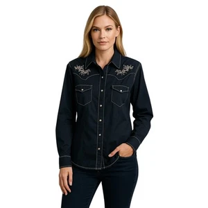 Rock 47 Wrangler Black Embroidered Western Shirt XXL Y2K Cowgirl Bling - Picture 1 of 6