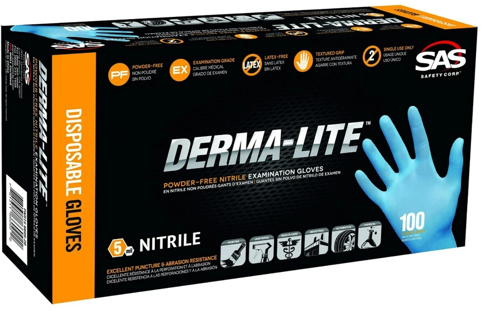 Guantes sin polvo de nitrilo Derma-Lite 100-1000 SAS Safety 5mil, M, L, XL Foto 1 de 3