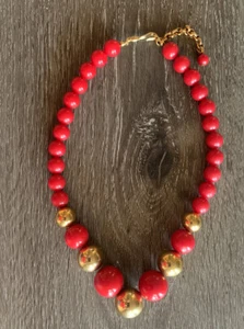"Collar vintage firmado Napier cuentas rojas y doradas de 18" - Imagen 1 de 3