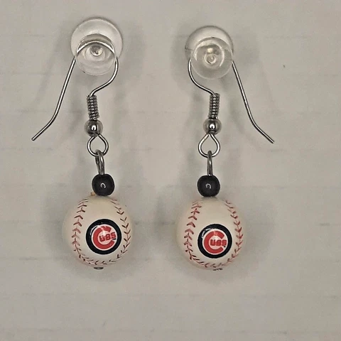 CHICAGO CUBS Logo Baseball Pair Of Earrings Silver Tone Hook Cover