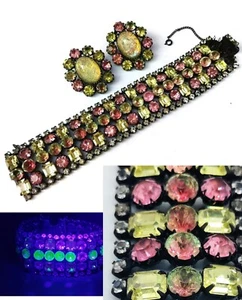 RARE Schreiner Uranium Glass Watermelon Jewelry Set Lemon Pink Rhinestones Video - Picture 1 of 12