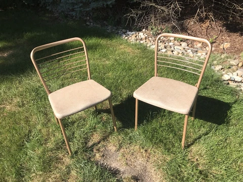 2 Vtg 60s MCM Cosco Gatefold Metal Folding Chairs Bronze Mid Century Cover