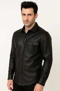 Camisa de cuero genuino negro de piel de cordero para hombre Chaqueta de motocicleta - Camisa ajustada de motociclista - Imagen 1 de 3