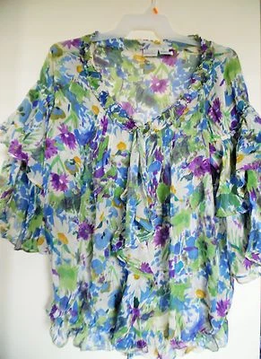 Newport News Multi Floral Transparente Volantes Top Camisa Mangas Campana - Talla 14 Foto 1 de 4