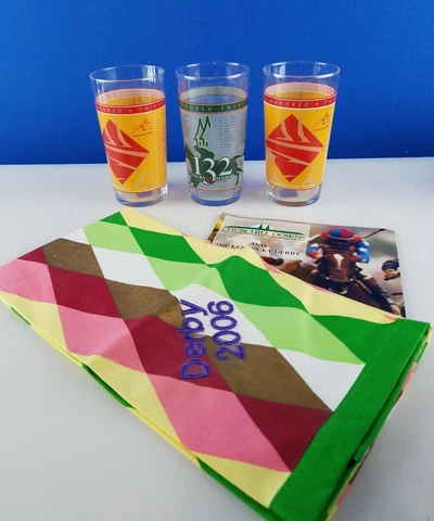 Lot Kentucky Derby Mint Julep glasses 2006, 2 NWT-2007 Argyle Towel + Traditions Cover
