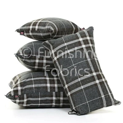 Dark Grey New Tartan Striped Pattern Fabric Cover Filled Cushion & British Made - Image 1 of 4