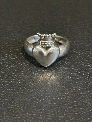 Vintage Crowned Love 925 Sterling Silver Heart Ring Band Size 7 - Image 1 of 4