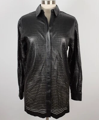 Alexandre Vauthier Cuero Blusa Camisa Chaqueta 38 US 4 Negro Largo Perforado Foto 1 de 4