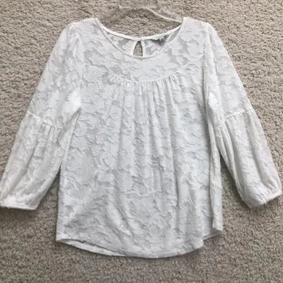 Camisa Top Lucky Brand Mediana Adulto Blanca Floral Encaje Manga Larga Blusa Mujer M Foto 1 de 4