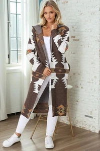 Quest Cardigan - Hooded Long Line Graphic Cardigan in Brown - Picture 1 of 8