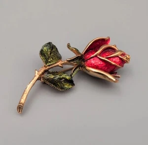Vintage rote Rose Brosche langer Stiel emailliert mit grünen Blättern auf goldfarben 3" - Bild 1 von 10
