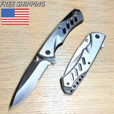 8" Military Tactical Silver Aluminum Spring Assisted Folding Pocket Knife Blade - Image 1 of 4