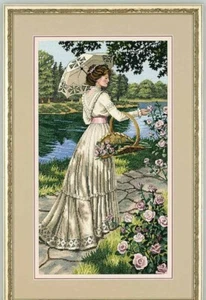 SCHEMA A PUNTO CROCE DONNA CON OMBRELLO A SUMMER STROLL DMC CROSS STITCH PATTERN - Picture 1 of 2