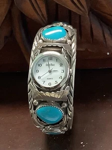 Southwestern Türkis/ Sterling Silber Manschette Quarz Uhr Batterie funktioniert - Bild 1 von 7
