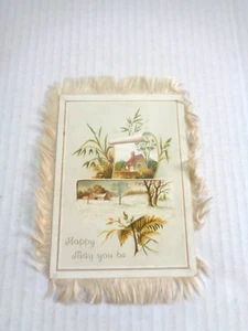 VINTAGE 1880S VICTORIAN SILK FRINGED WINTER CARD DOUBLE SIDED A4 - Picture 1 of 4