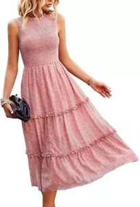 Women's Summer Sleeveless Mock Neck Smocked Ruffle Flowy Floral Print Midi Dress - Picture 1 of 47