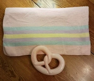 Vintage 1950s Pink/Pastel  Baby Blanket 36 X 40" + Pretzel Toy, Nice Condition! - Picture 1 of 23