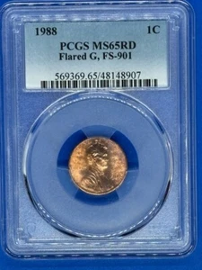 1988 1C PCGS MS65RD Flared G, FS-901 - Picture 1 of 3
