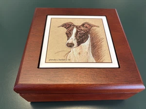 Italienischer Windhund Holz Andenken Box Flieseneinsatz Kunst von Glenda S. Harlan 6,5" - Bild 1 von 12