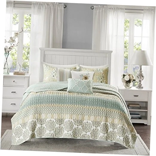  Набор лоскутных одеял из 100% хлопка с цветочным принтом, двусторонние King/Cal King Green - Изображение 1 из 4