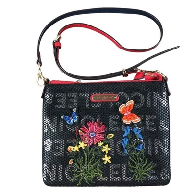 NICOLE LEE USA Embroidery Patchwork Crossbody Bag Red/Black Festival Boho Resort - Image 1 of 4
