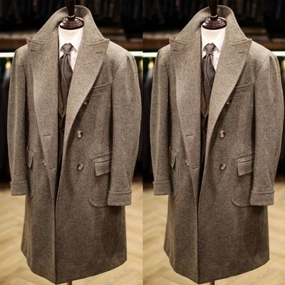 Men's Overcoat Cashmere Peak Lapel Double Breasted Outdoor Casual Warm Long Coat - Image 1 of 4