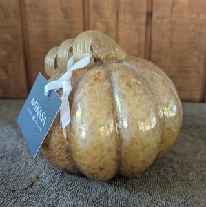 Medium 6" Blown Glass Pumpkin by MIKASA (Amber Spots) curly stem READ DESCRIPION - Picture 1 of 3