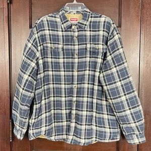 Camisa de franela forrada de lana Wrangler Sherpa para hombre chaqueta grande azul a cuadros al aire libre - Imagen 1 de 12